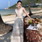 White heavy hollow lace cake dress female holiday style seaside fairy long skirt R0194