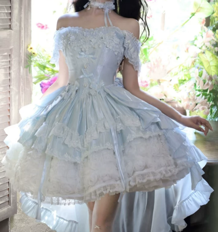 Pretty Pale Blue Pleated Birthday Dress A-Line Off-the-shoulder Corset Hi-Lo Quinceanera Dress RS802