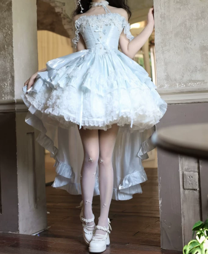 Pretty Pale Blue Pleated Birthday Dress A-Line Off-the-shoulder Corset Hi-Lo Quinceanera Dress RS802
