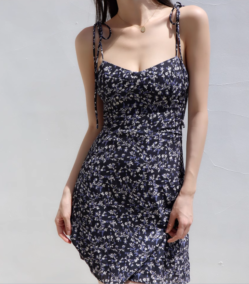 French retro slim fit navy blue floral dress waist suspender dress short skirt R2816