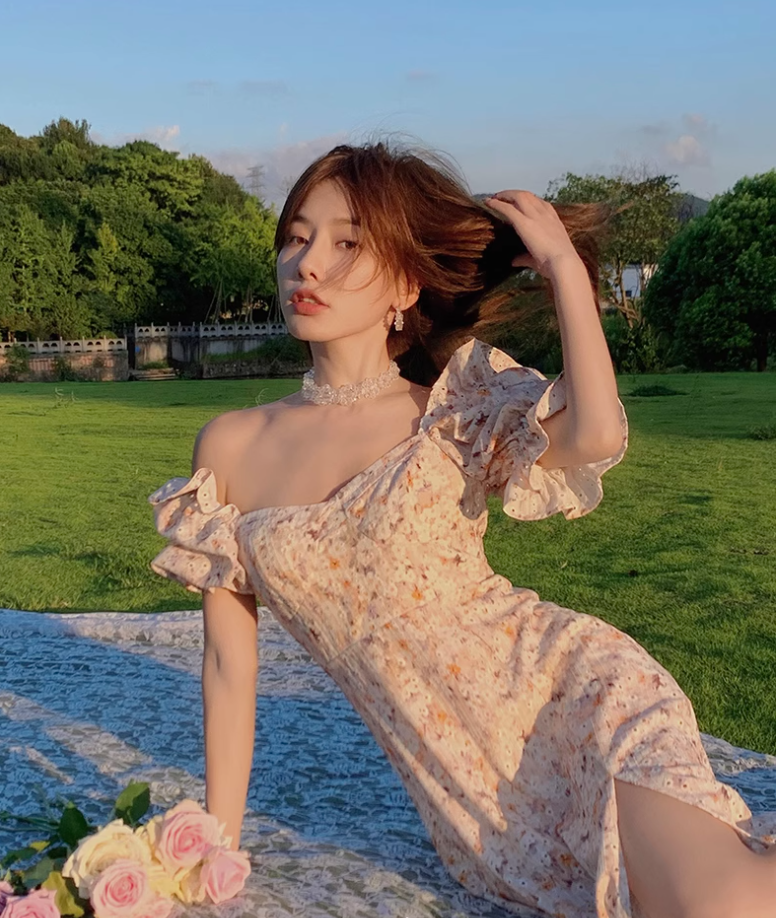 Camellia encounter floral dress holiday style French long skirt R2706