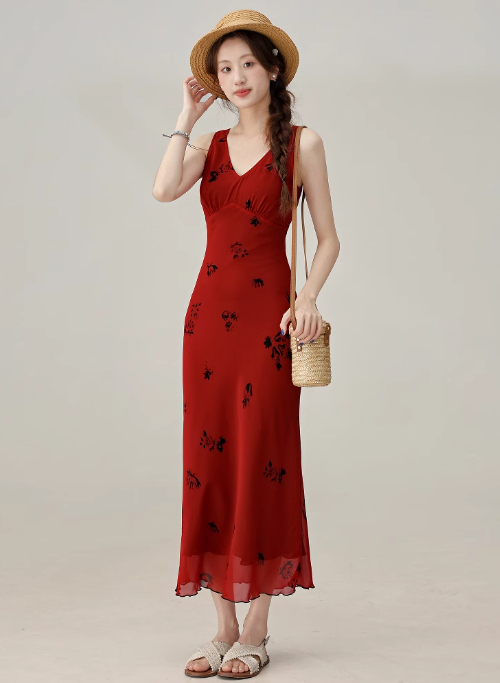 French retro V-neck red vest dress summer waist slimming skirt R1923