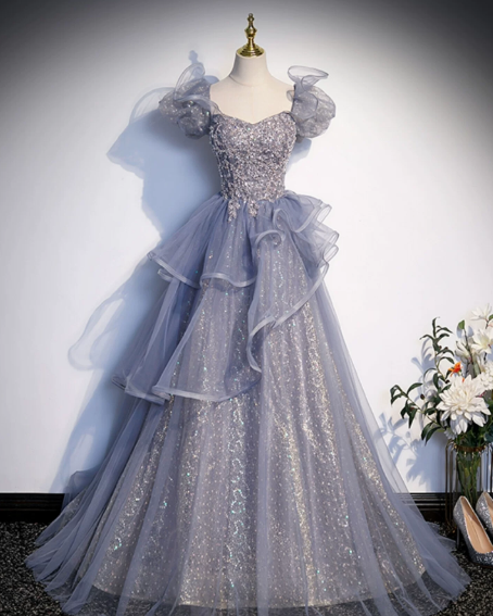 Glitter Navy Sequins Prom Dress ,A-Line Square Puff Sleeves Corset Maxi Evening Dress RS801