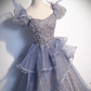 Glitter Navy Sequins Prom Dress ,A-Line Square Puff Sleeves Corset Maxi Evening Dress RS801