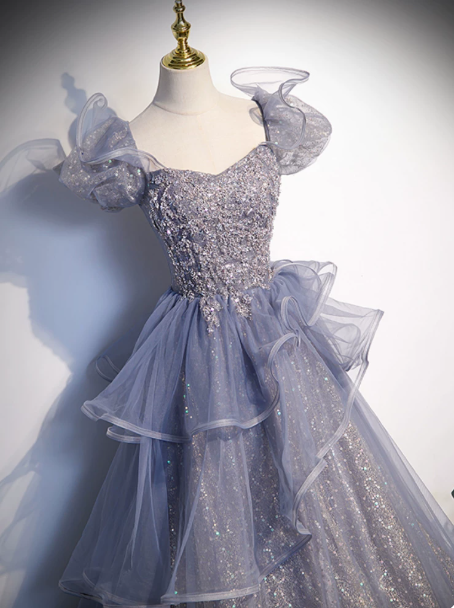 Glitter Navy Sequins Prom Dress ,A-Line Square Puff Sleeves Corset Maxi Evening Dress RS801