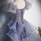 Glitter Navy Sequins Prom Dress ,A-Line Square Puff Sleeves Corset Maxi Evening Dress RS801