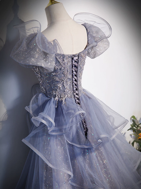 Glitter Navy Sequins Prom Dress ,A-Line Square Puff Sleeves Corset Maxi Evening Dress RS801