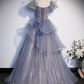 Glitter Navy Sequins Prom Dress ,A-Line Square Puff Sleeves Corset Maxi Evening Dress RS801