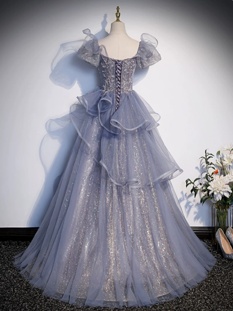 Glitter Navy Sequins Prom Dress ,A-Line Square Puff Sleeves Corset Maxi Evening Dress RS801