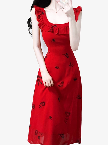 2025 Summer New Red Floral Pleated V-Neck Sleeveless Long Holiday Dress R0955