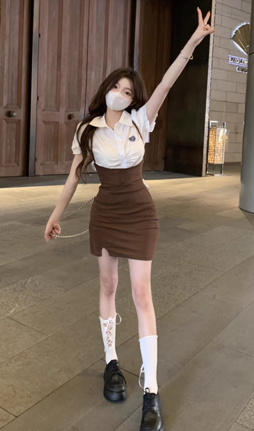 American college style retro hip skirt suit 2025 large size pure white shirt suit R1408