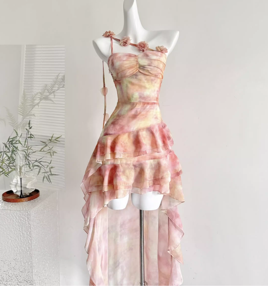 French style fairy beach dress ruffle irregular dress R2112