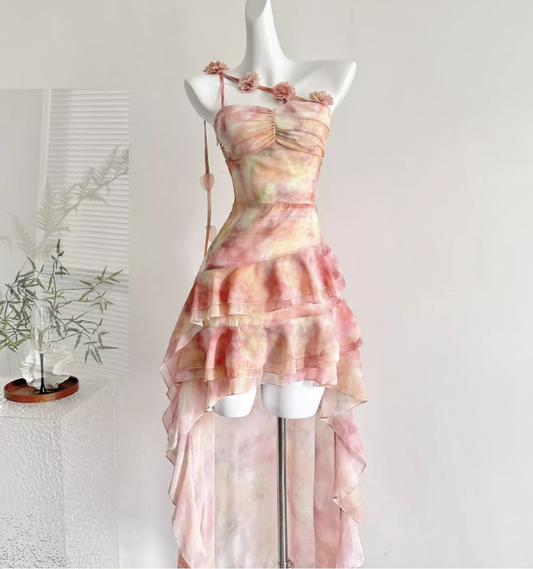 French style fairy beach dress ruffle irregular dress R2112