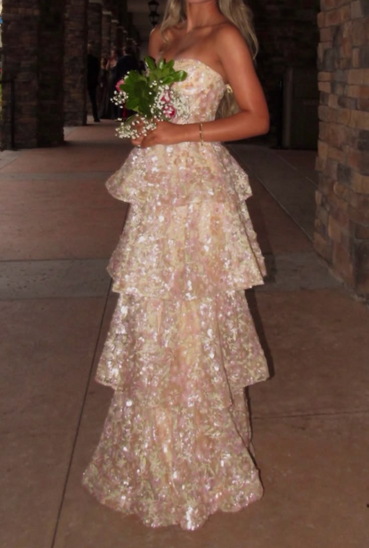 Ruffled Tulle Glitter Corset Prom Gown , Champagne Women's Maxi Evening Dress Party Dress RS2551
