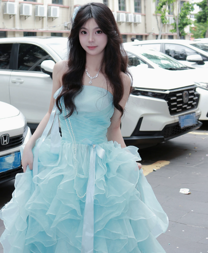 Dreamy Frilled Puffy Prom Gown , Blue Women's Maxi Evening Dress Birthday Dress RS2727