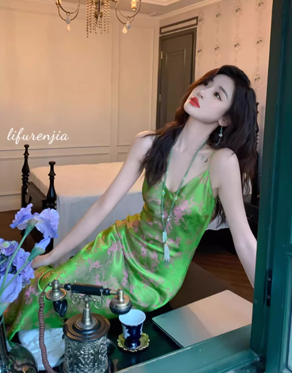 High-grade silk suspender dress 25 new slim fit slimming royal sister printed acetate long skirt R1001