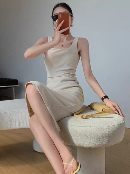 Square neck pleated slim waist suspenders long short hip-wrapped slit dress R1481