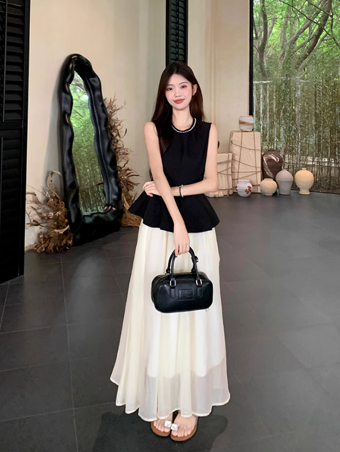 Fairy retro new Chinese suit sleeveless black vest blouse top high waist skirt two-piece suit R1713
