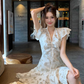 French sweet short-sleeved hollow flower high waist design beige floral dress R4070