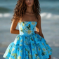 Retro Yellow Floral Tube Top Waist Puffy Skirt Homecoming Dress R3178