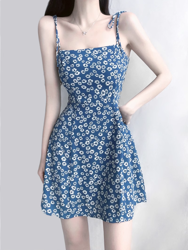 2025 Summer New Blue Floral Daisy Holiday Short Suspender Dress R0968