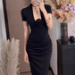 New Chinese style deep V flower dress 2025 Royal sister hip slit long skirt R1148