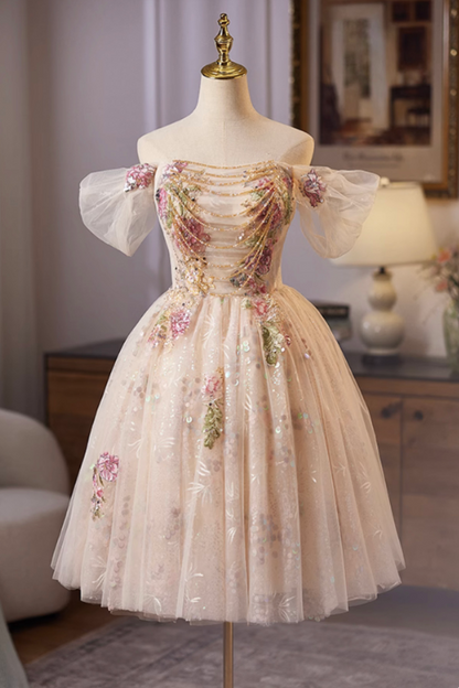 Luxury Champagne A-Line Off-the-shoulder Flower- Embroidery Corset Mini Evening Dress Homecoming Dress RS575