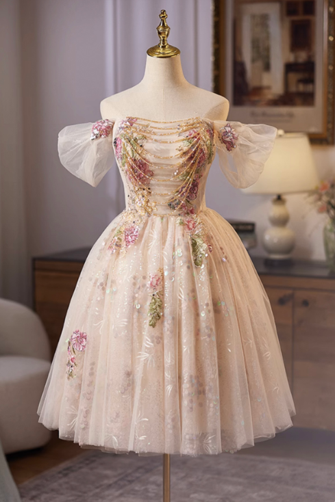 Eelgant Champagne Homecoming Dress ,A-Line Strapless Applique Corset Prom Dress RS806