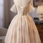 Luxury Champagne A-Line Off-the-shoulder Flower- Embroidery Corset Mini Evening Dress Homecoming Dress RS575