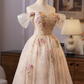 Luxury Champagne A-Line Off-the-shoulder Flower- Embroidery Corset Mini Evening Dress Homecoming Dress RS575