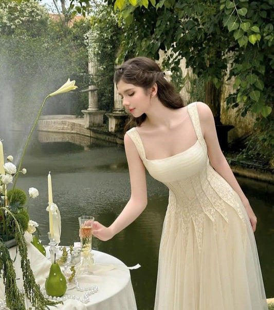 Apricot gentle sling waist slimming A-line long skirt homecoming dress R3623