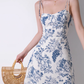French retro girl print suspender dress high waist slim short skirt A-line skirt R2817