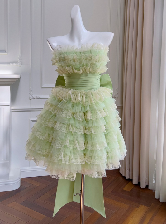 Niche Green Ruffled Homecoming Dress ,A-Line Strapless Corset Cute Prom Dress RS821