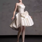 French white tube top satin banquet birthday party host short A skirt prom dress homecoming dress R2970