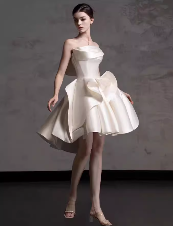 French white tube top satin banquet birthday party host short A skirt prom dress homecoming dress R2970