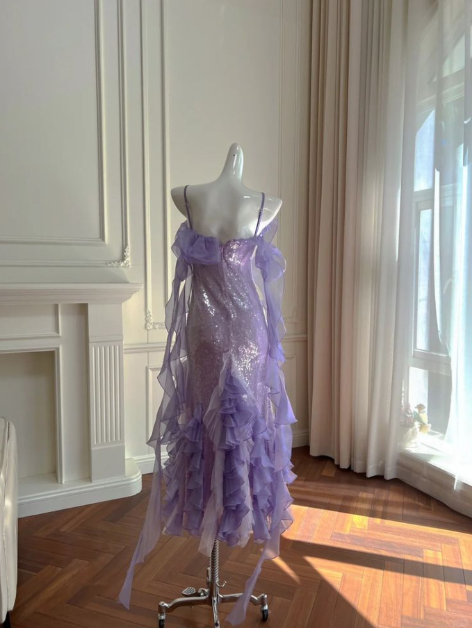 Glitter Purple Homecoming Dress ,Sheath Spaghetti Straps Bodycon Midi Prom Dress RS822