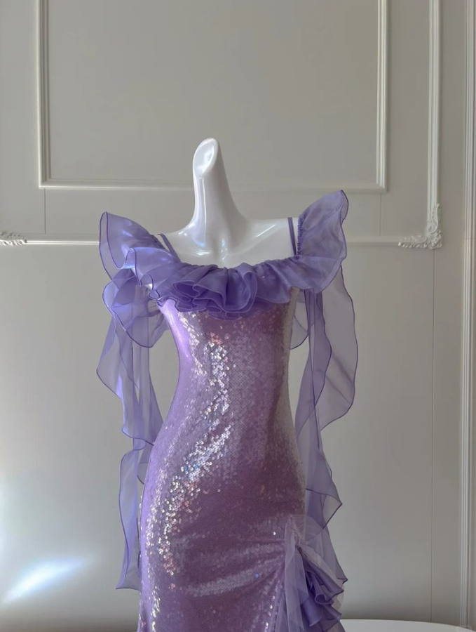 Glitter Purple Homecoming Dress ,Sheath Spaghetti Straps Bodycon Midi Prom Dress RS822