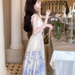 V-neck small flying sleeves printed hollow waist dress women's summer French temperament skirt R4618