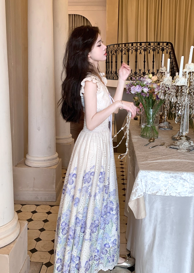 V-neck small flying sleeves printed hollow waist dress women's summer French temperament skirt R4618