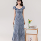 French gentle style retro blue lotus leaf collar dress beautiful waist A-line long skirt R0879
