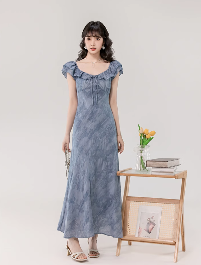 French gentle style retro blue lotus leaf collar dress beautiful waist A-line long skirt R0879
