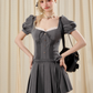 College style lace stitching gray puff short sleeve waist pleated dress R5210