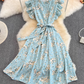 2025 Summer Gentle Style Sweet Ruffled Stand Collar Waist Slim Floral Chiffon Lotus Sleeve Dress R0408
