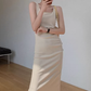 Square neck pleated slim waist suspenders long short hip-wrapped slit dress R1481