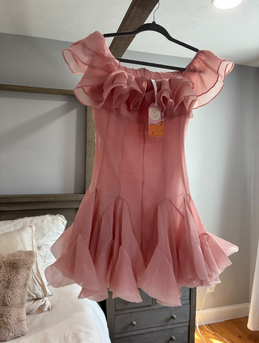 Flowy Pink Frilled Homecoming Dress ,A-Line Portrait Chiffon Summer Dress RS825