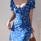 Klein blue floral slim fit versatile puff sleeve dress waist short skirt R2857