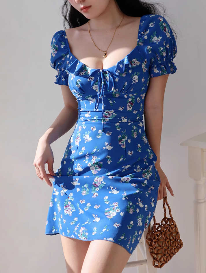 Klein blue floral slim fit versatile puff sleeve dress waist short skirt R2857