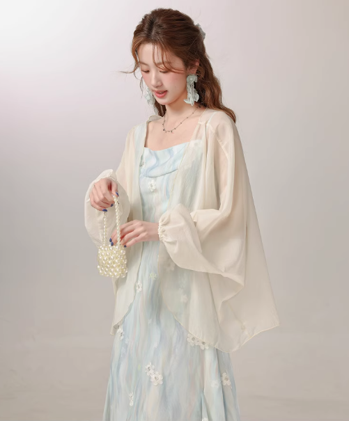 French beautiful apricot thin sunscreen shirt with suspender skirt top jacket R1920