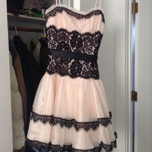 Lovely Pink and Black Homecoming Dress ,A-Line Spaghetti Straps Lace Short Prom Dress RS827