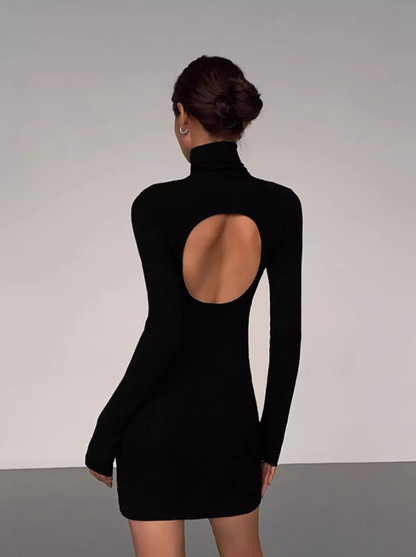 Sexy hot girl black high collar long sleeve dress 2025 backless slim hip skirt R1313